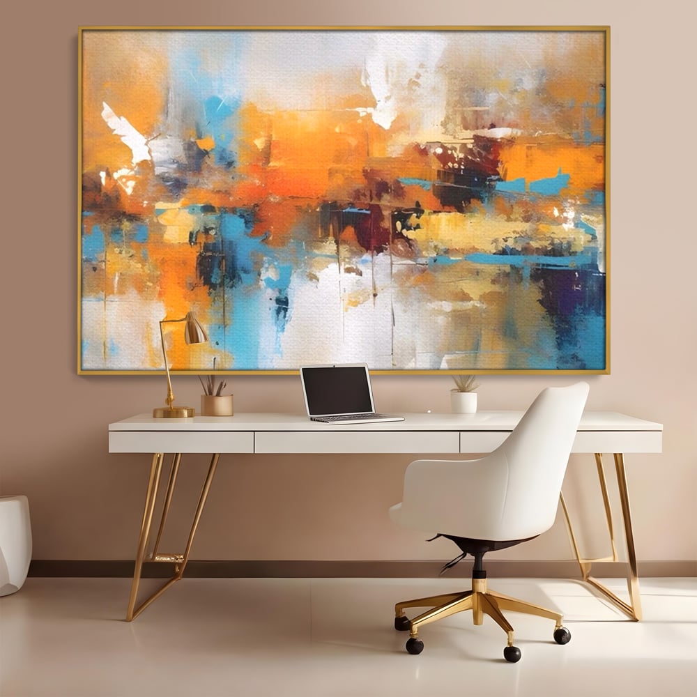 Tablou canvas cu tablou canvas abstract orizontal, in rama de aluminiu auriu, pe perete intr-un birou